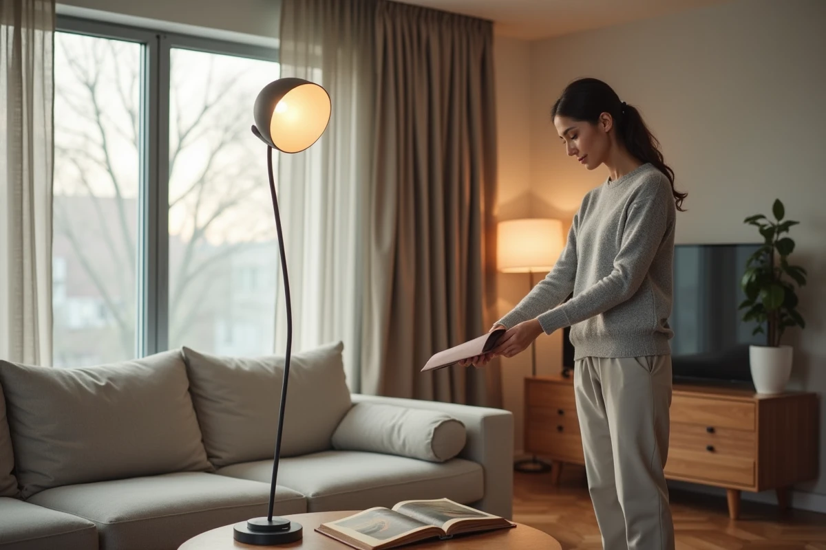 Femme dans un salon moderne avec lampe halogenes