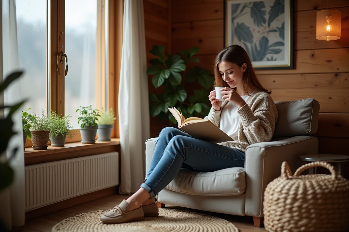Femme lisant un livre dans un chalet chaleureux
