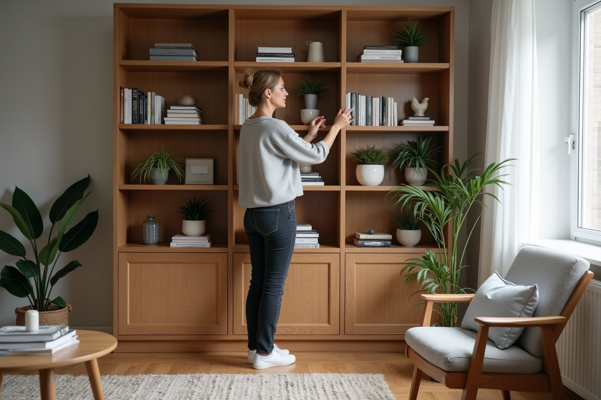 Femme moyenne âge arrangeant livres et plantes sur une étagère