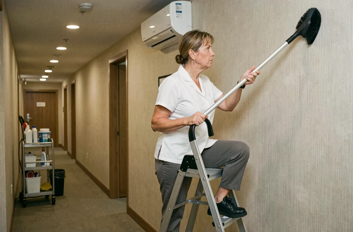 Femme de ménage en blouse blanche sur un escabeau dans un couloir d'hôtel, nettoyant un climatiseur mural avec une brosse à long manche