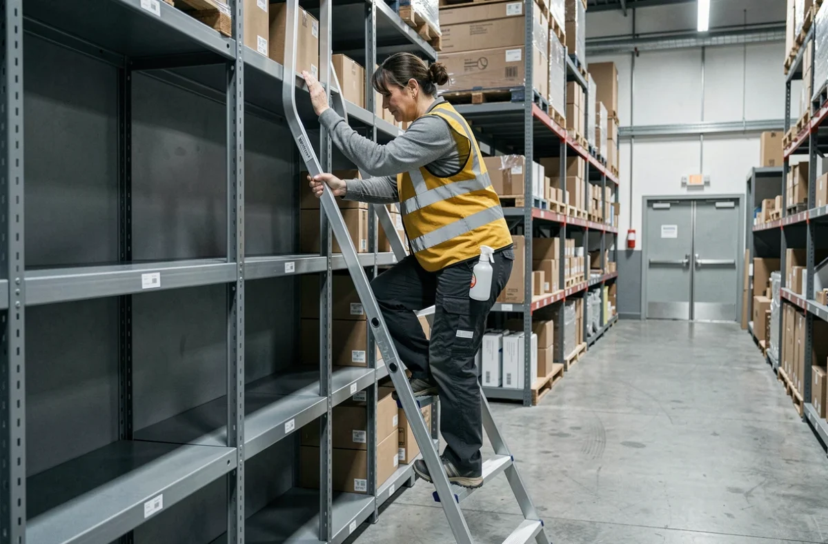 Femme de ménage en gilet de sécurité jaune descendant d'un escabeau dans la réserve d'un magasin après avoir nettoyé des étagères industrielles en hauteur
