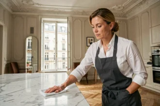Femme de ménage professionnelle nettoyant un plan de travail en marbre dans un appartement parisien haussmannien