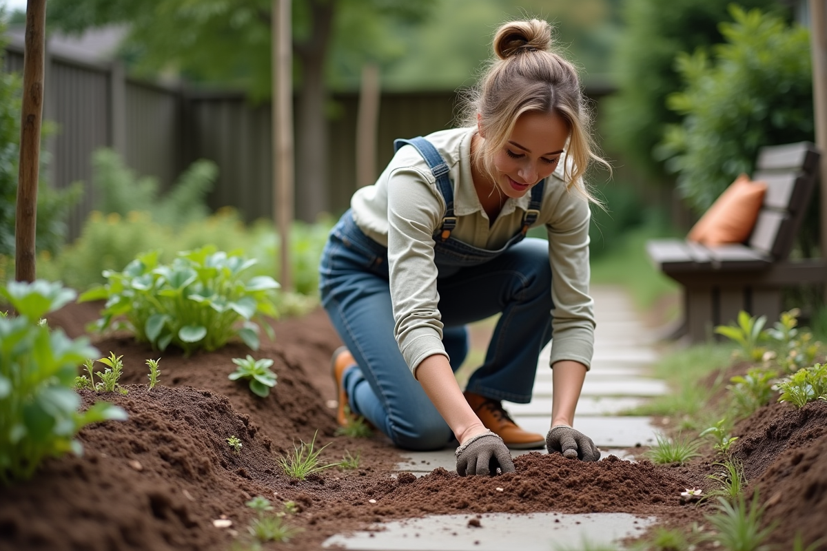 Jeune femme arrangeant un chemin mulché dans un jardin potager organisé