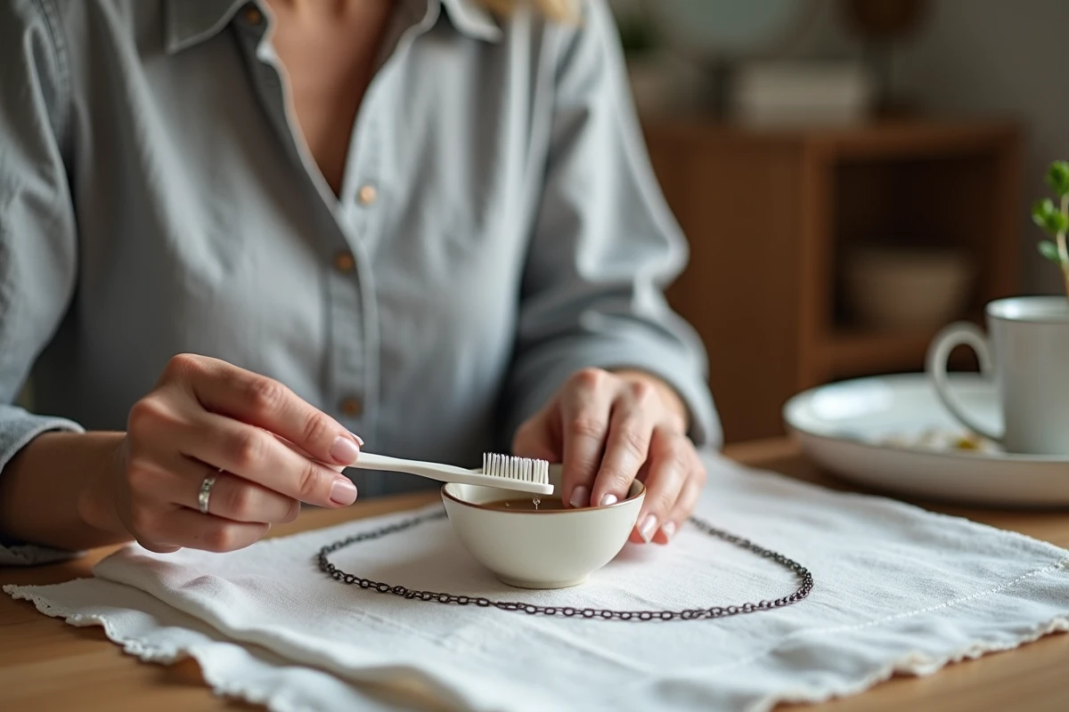 Femme nettoyant un collier en argent plaqué avec une brosse douce et un produit nettoyant adapté sur une table de coiffeuse