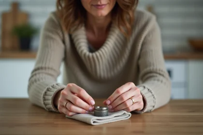 Femme nettoyant une bague en argent avec un chiffon doux