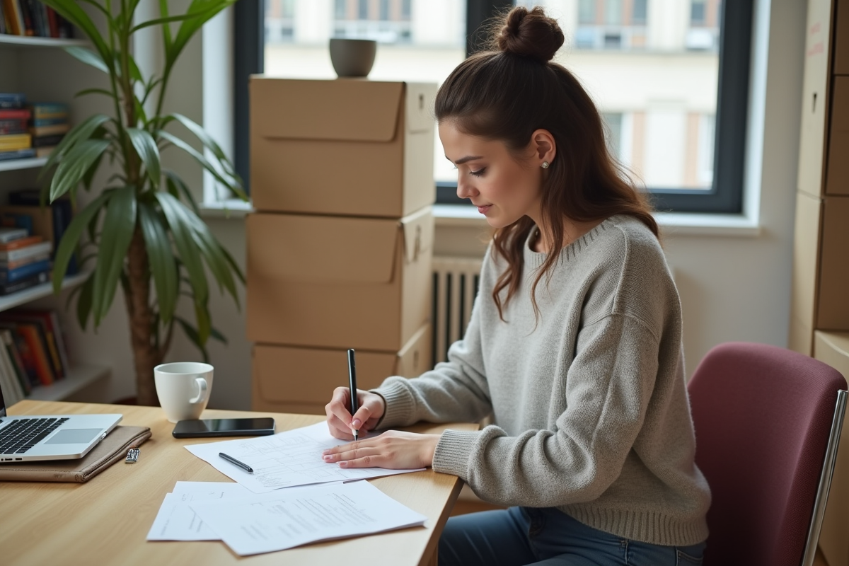 Femme organisée en plein déménagement dans un appartement lumineux