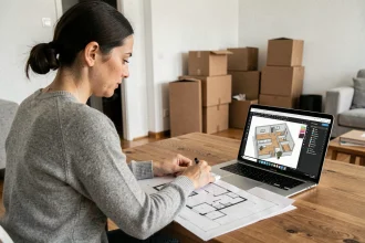 Femme consultant un plan 3D d'appartement sur ordinateur portable avec plan papier, utile pour une location
