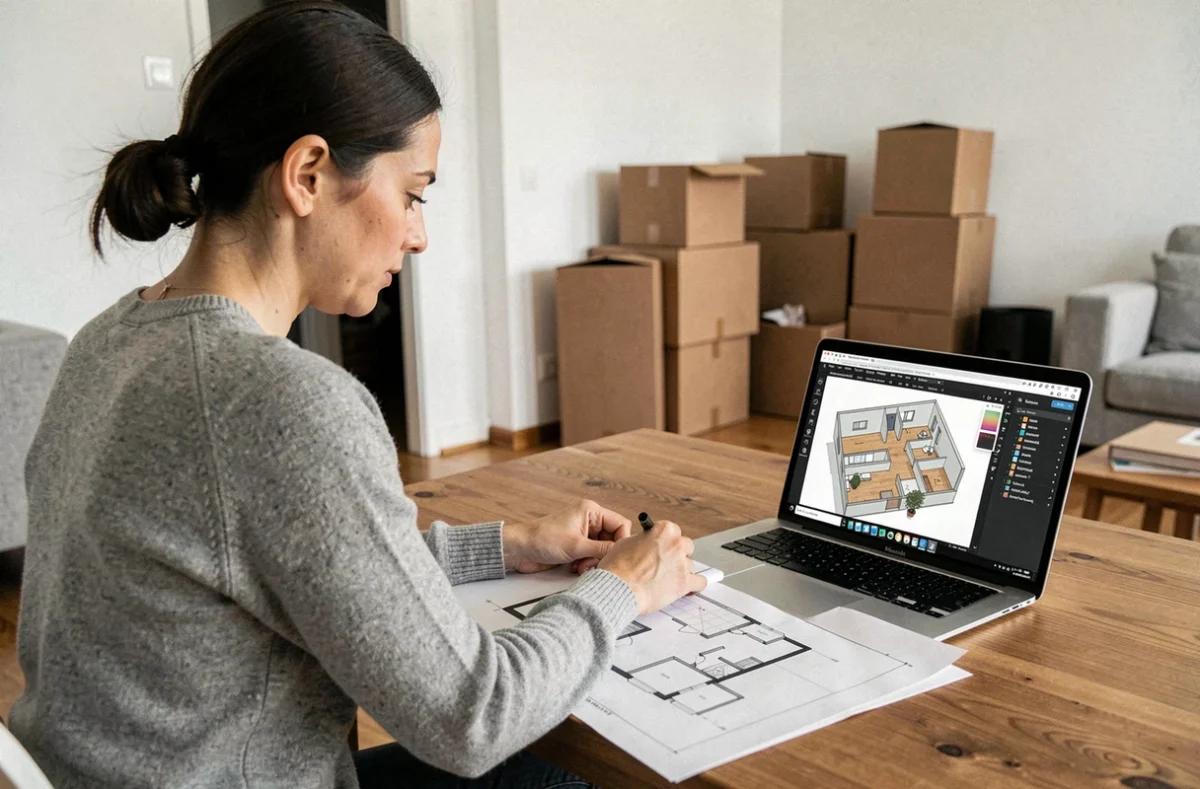 Femme consultant un plan 3D d'appartement sur ordinateur portable avec plan papier, utile pour une location