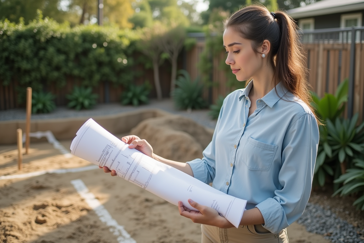 Jeune femme étudiant plans pour future piscine