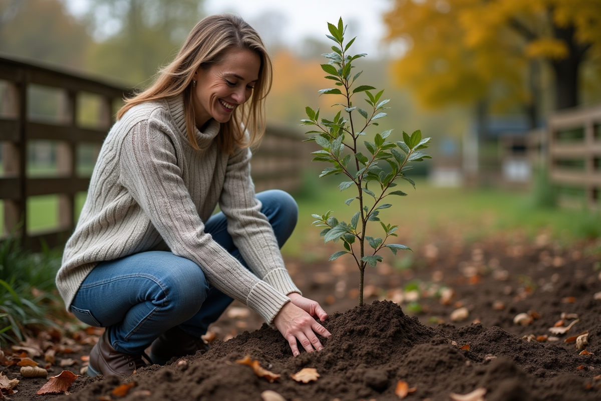 Femme en laine plante un jeune arbre dans un jardin automnal