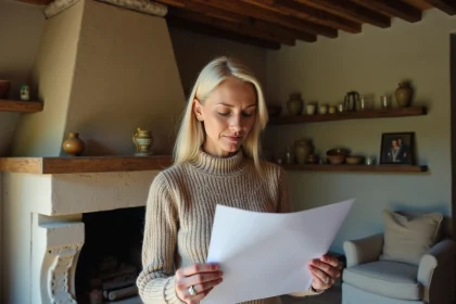 Femme d'âge moyen examinant des plans de rénovation dans une maison ancienne