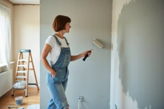 Femme rénovant son intérieur en appliquant de la peinture grise sur un mur de salon lors d'un projet DIY maison