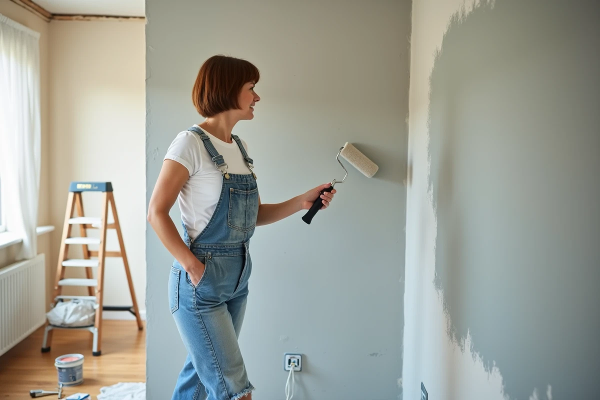 Femme rénovant son intérieur en appliquant de la peinture grise sur un mur de salon lors d'un projet DIY maison