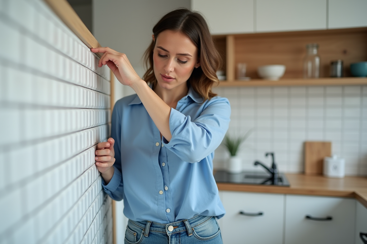 Femme appliquant une moulure sur un carrelage de cuisine moderne