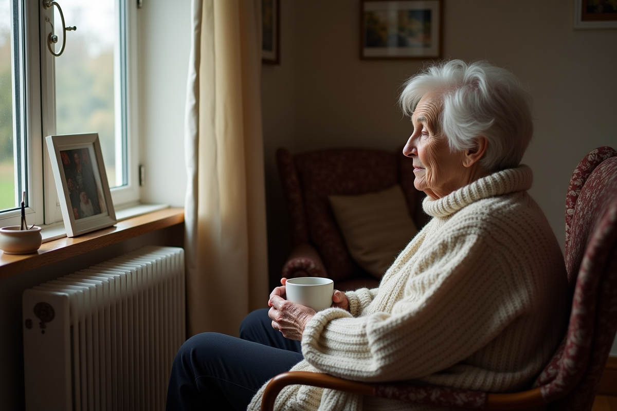Femme âgée près d’un radiateur dans un salon chaleureux