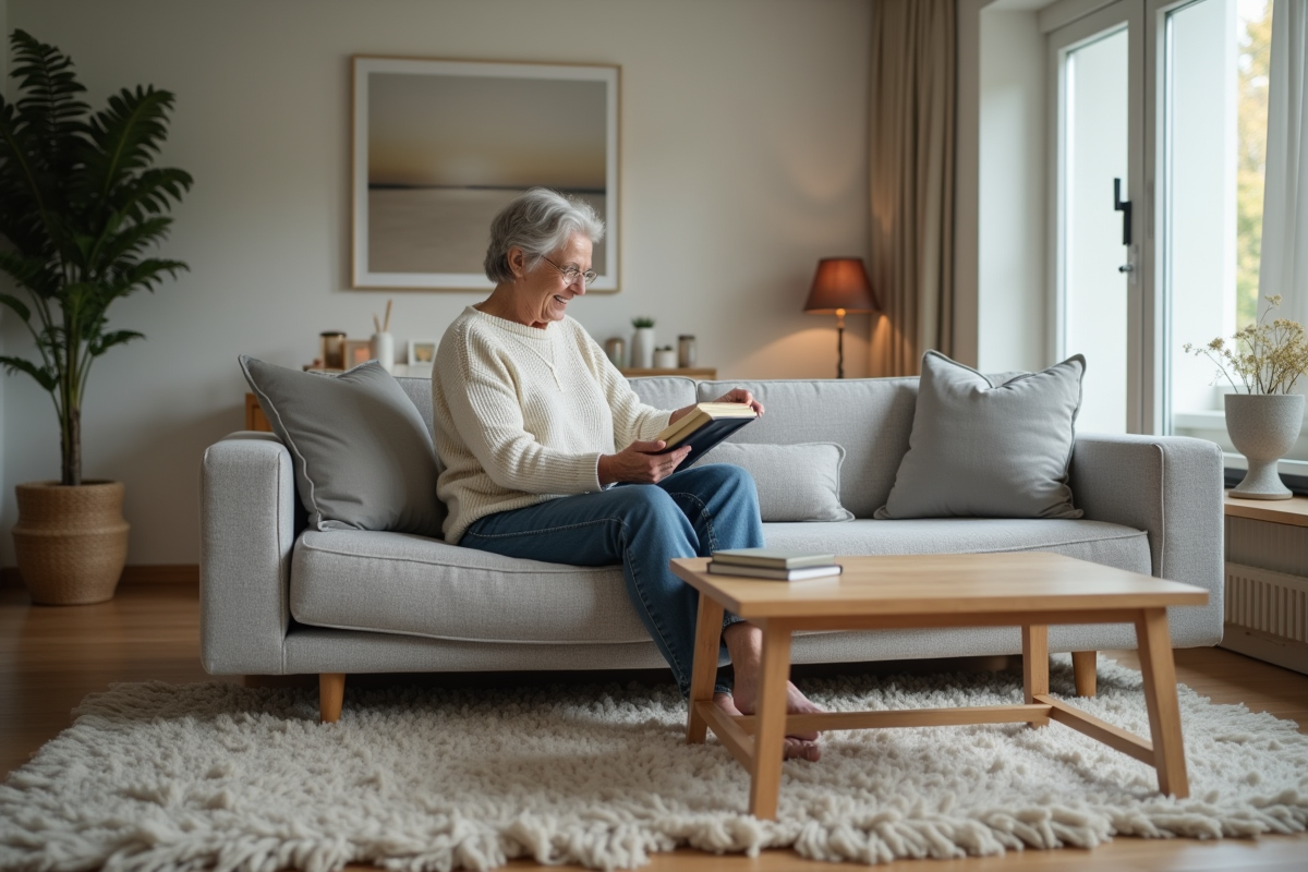 Femme assise sur un canapé moderne dans un salon accueillant