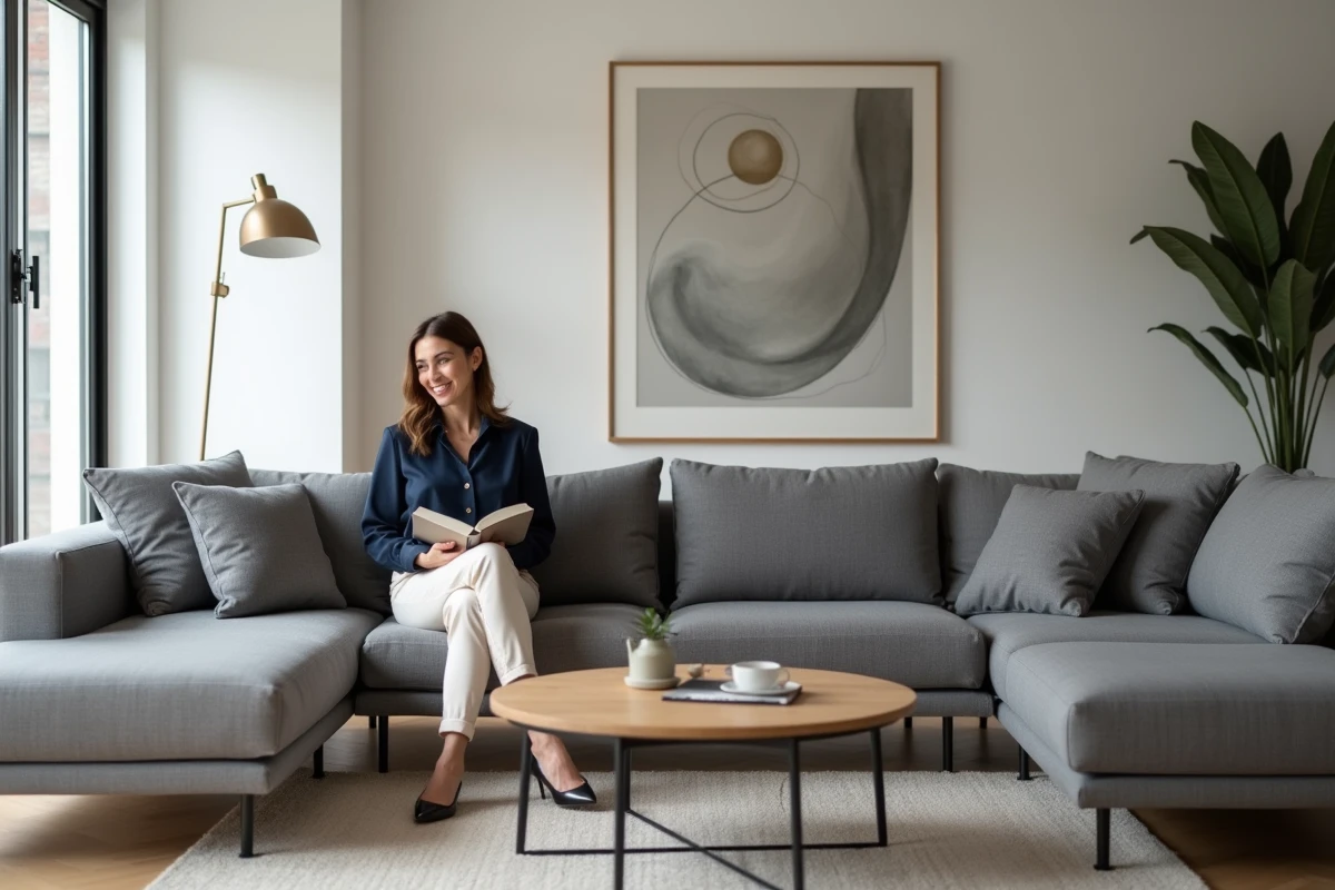 Femme élégante assise dans un salon moderne et minimaliste