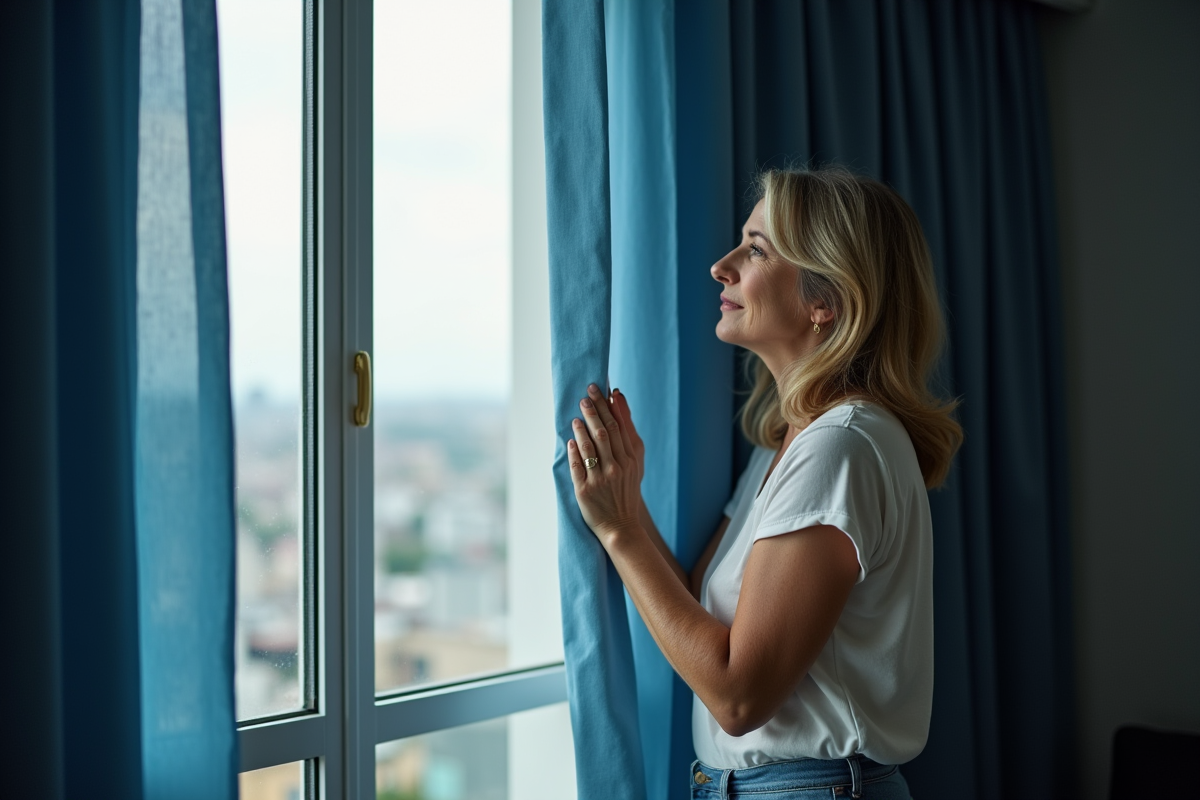 Femme regardant par la fenêtre avec rideaux bleus dans un salon