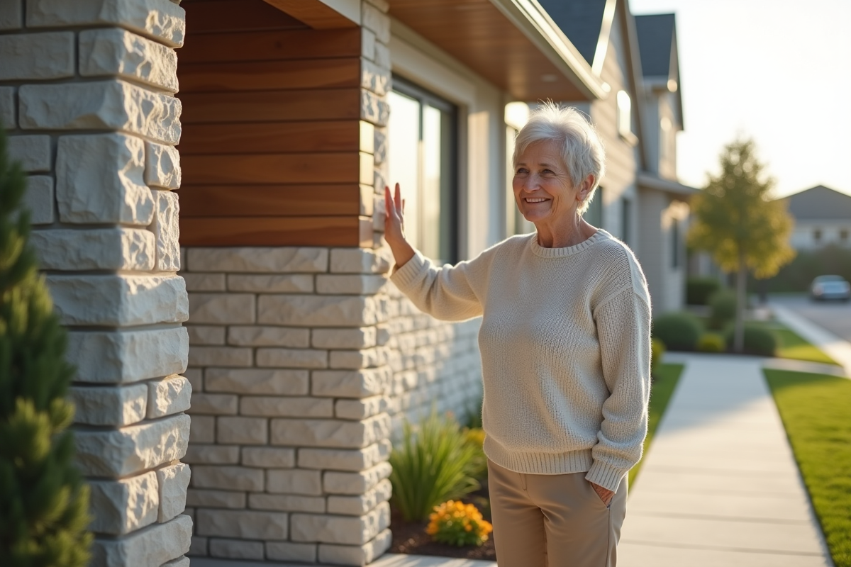 Femme souriante devant façade rénovée de maison moderne
