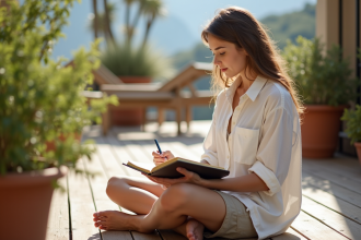 Jeune femme assise sur terrasse en lisant un carnet