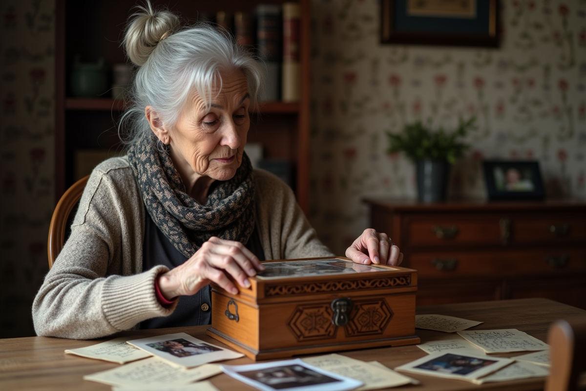 Femme âgée touchant un coffret en bois dans un intérieur chaleureux