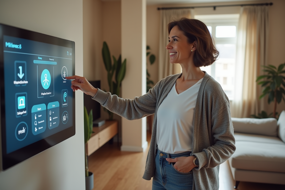 Femme interactant avec un panneau de contrôle domotique moderne