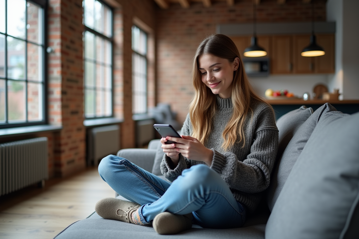 Jeune femme utilisant une application de chauffage sur son smartphone dans un salon
