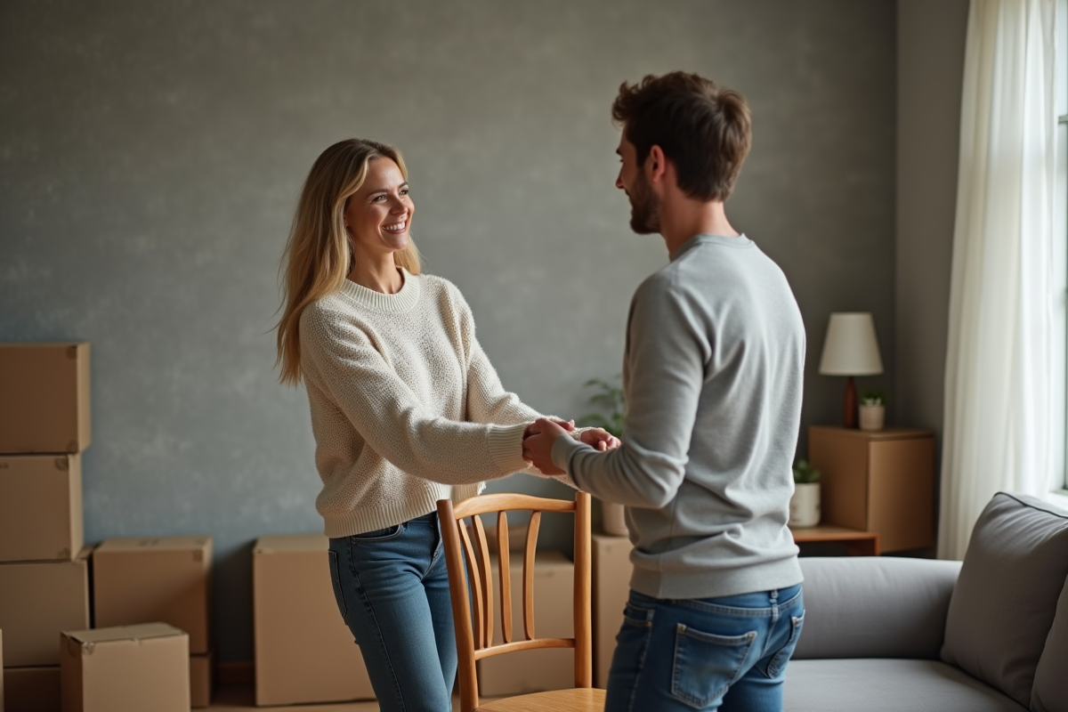 Femme souriante donnant une chaise en bois à un jeune homme dans un salon urbain