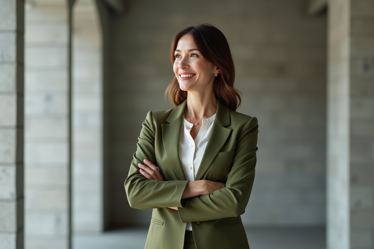 Femme en tailleur olive devant un mur moderne