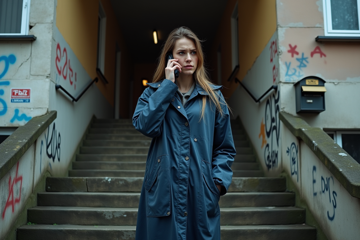 Jeune femme en imperméable bleu parle au téléphone dans un escalier urbain