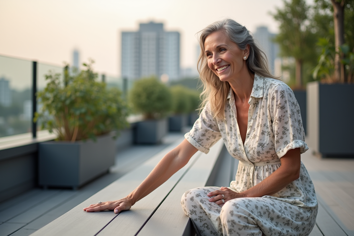 Femme souriante touchant un deck composite en rooftop