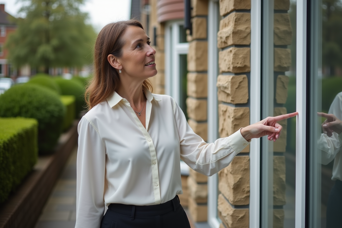 Femme d affaires pointant une fenêtre dans un quartier résidentiel