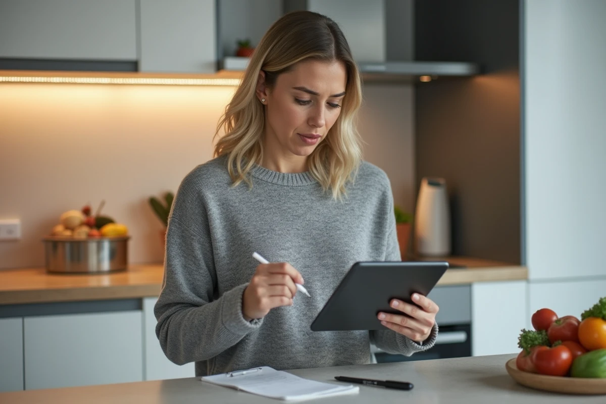 Femme vérifiant sa commande de livraison Carrefour sur une tablette dans une cuisine moderne
