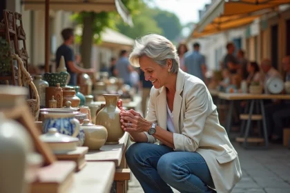 Femme examinant un vase vintage lors d'un vide grenier dans les Hauts-de-Seine