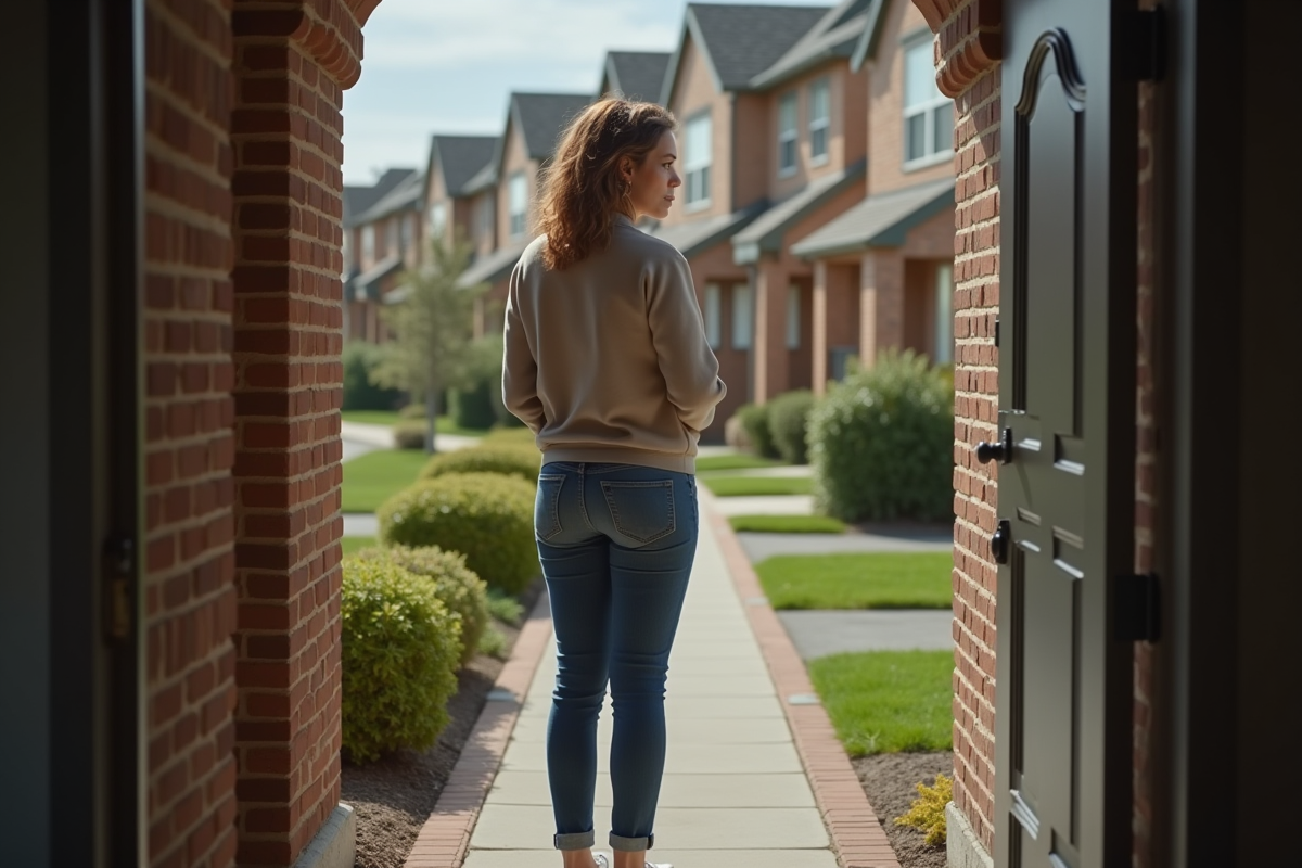 Femme inquiète devant une porte de maison de banlieue