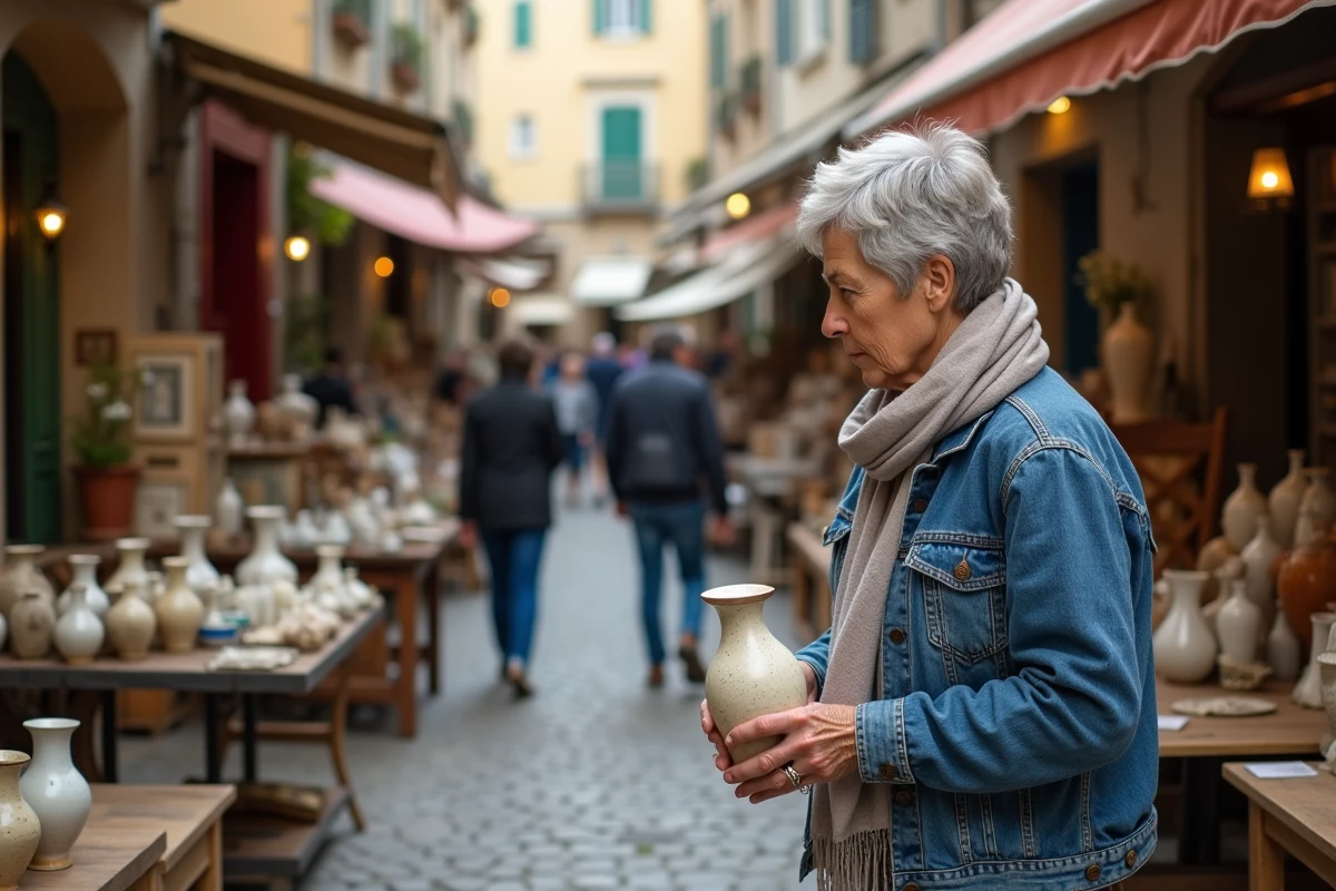 Femme inspectant un vase en brocante à Mille Le Panier