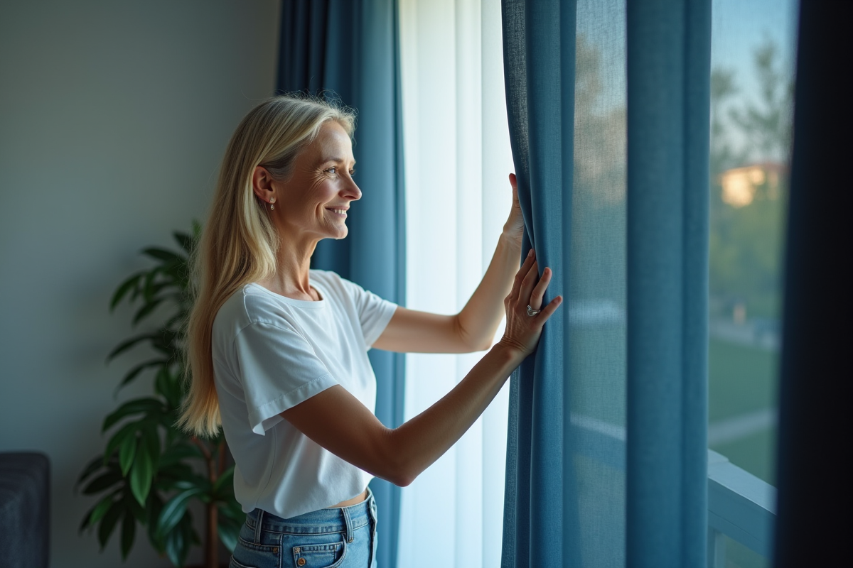 Femme touchant un voilage dans un salon moderne