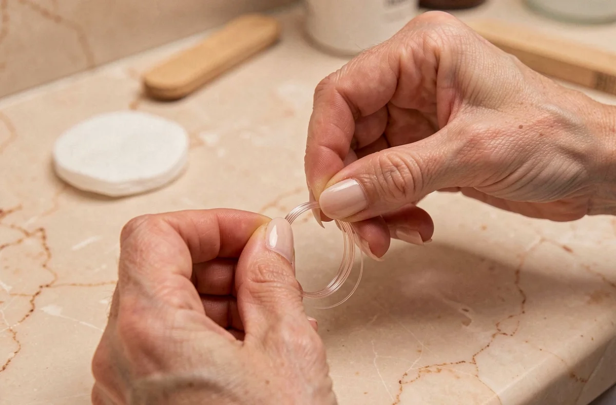 Mains féminines enroulant du fil dentaire autour d'une bague en or rose trop grande posée sur un comptoir en marbre dans une salle de bain