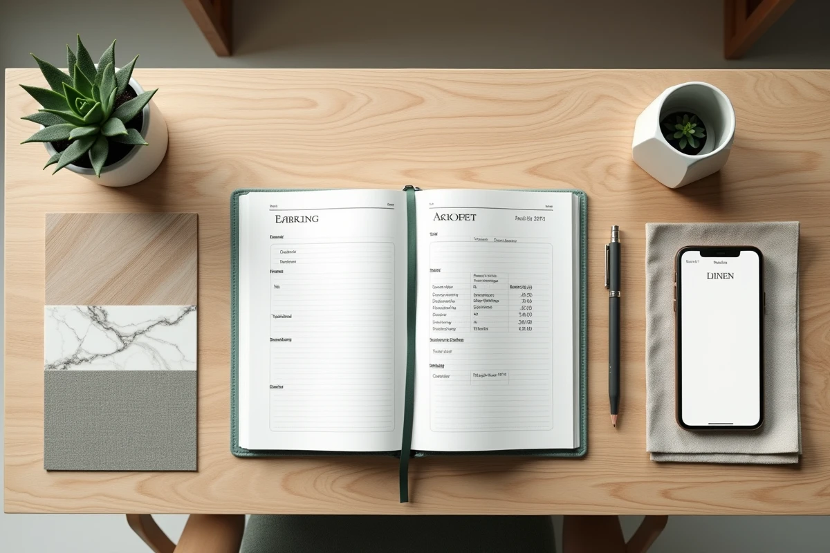 Flat lay d'un carnet de budget décoration avec échantillons de matériaux et outil de planification pour un projet d'intérieur stylé et maîtrisé