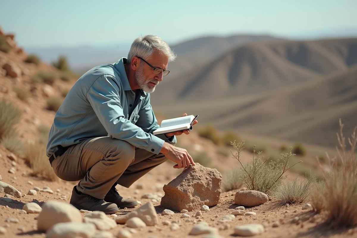 Géologue homme examinant une roche résistante au feu en plein air