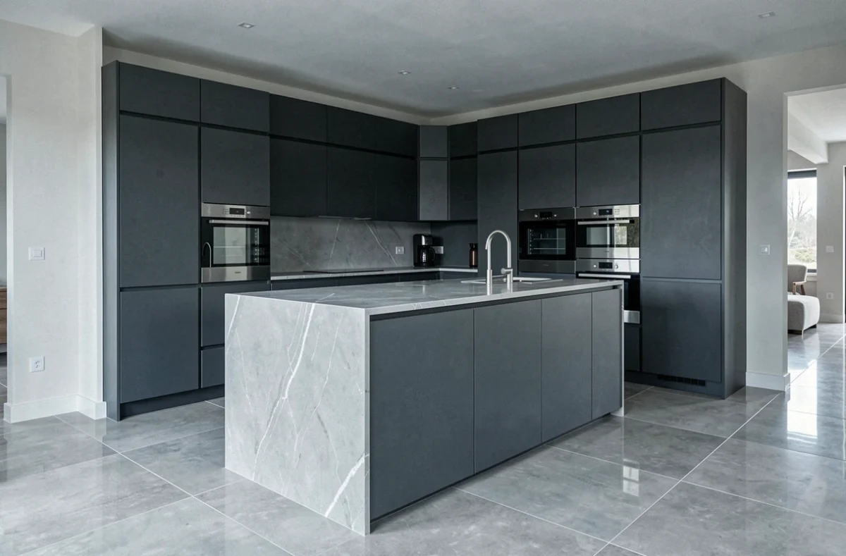 Cuisine minimaliste GM Concept avec façades sans poignées en anthracite et îlot en quartz effet marbre dans un intérieur contemporain