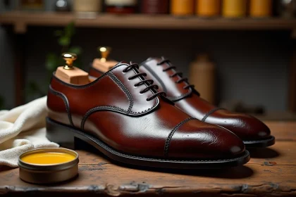Chaussures Oxford en cuir brun traité avec de la graisse imperméabilisante sur un établi de cordonnier, gouttelettes d'eau sur le cuir ciré