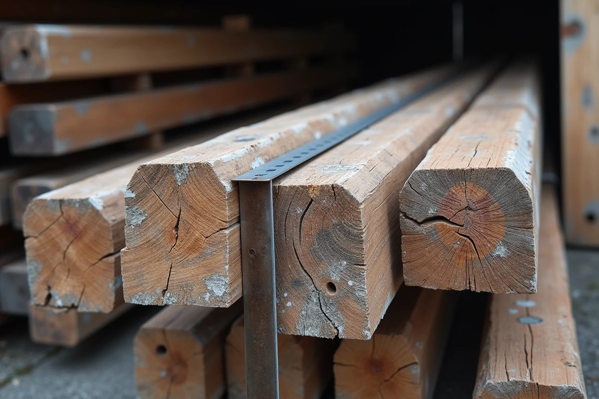 Gros plan sur des bastaings de récupération empilés montrant défauts et traces du temps