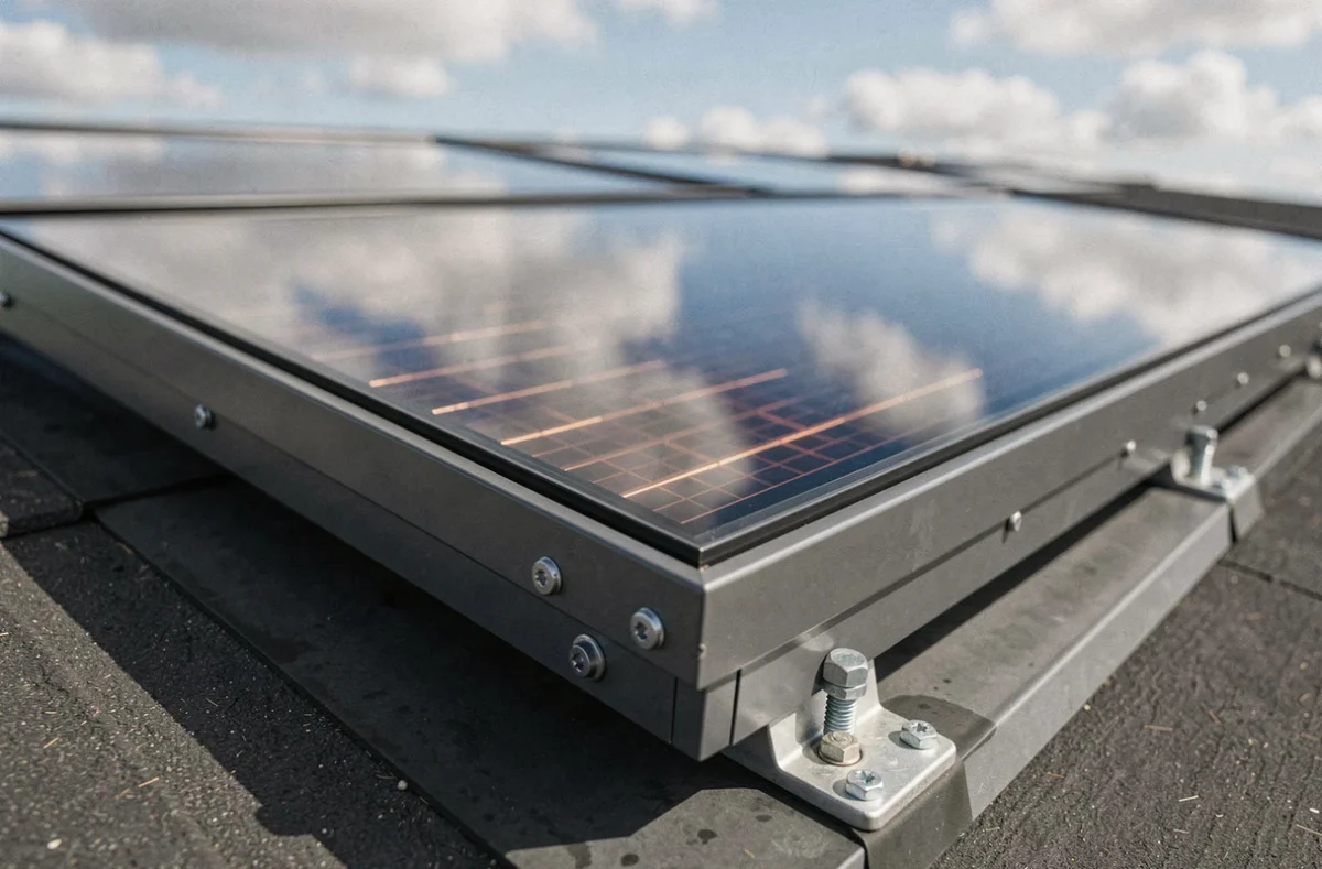 Gros plan sur la surface vitrée d'un capteur solaire thermique sur toiture