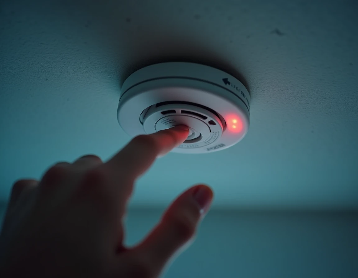 Gros plan sur un détecteur de fumée blanc au plafond avec une main appuyant sur le bouton de réinitialisation