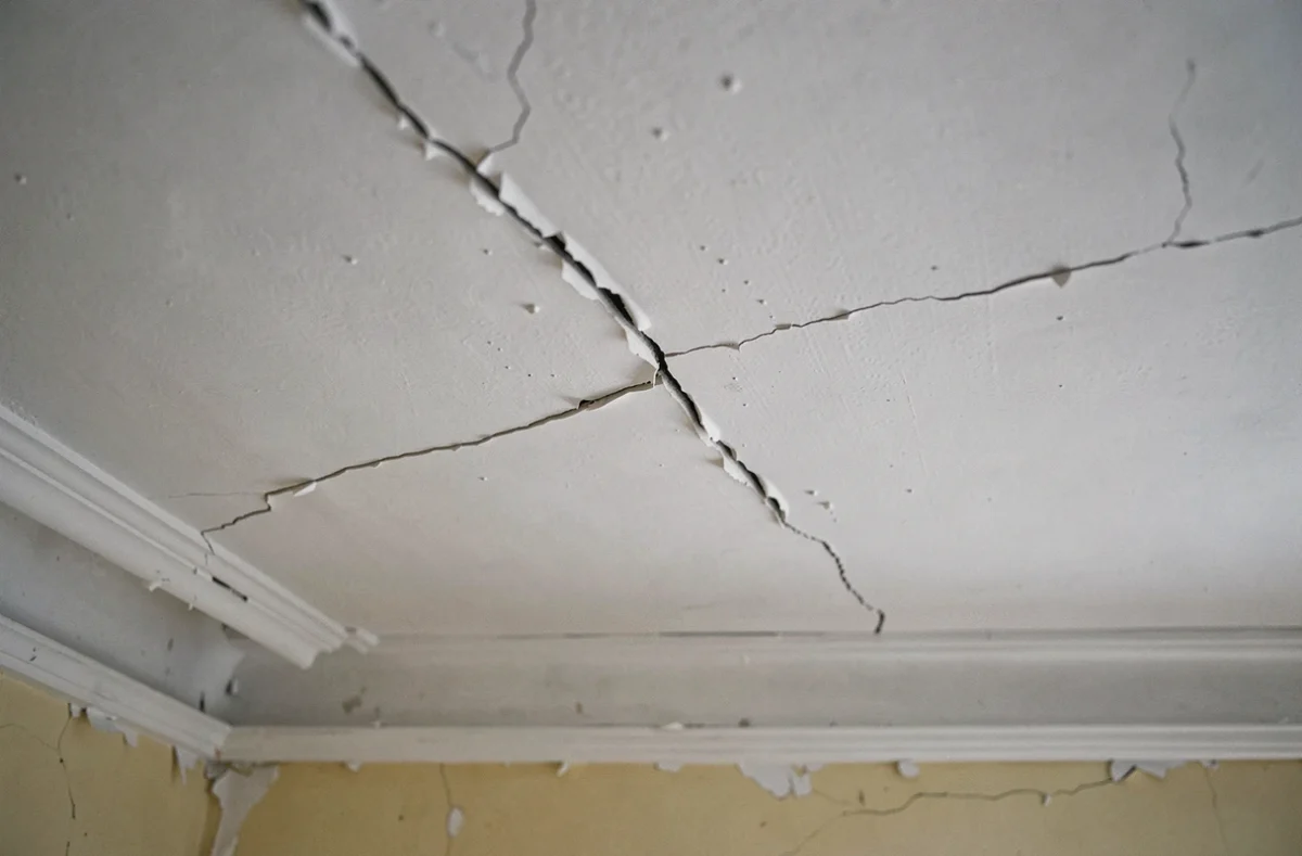 Gros plan sur une fissure au plafond avec peinture qui s'écaille dans un appartement ancien
