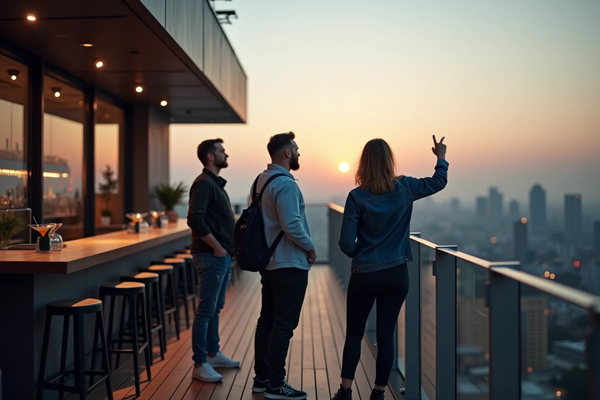 Groupe d'adultes sur un rooftop bar avec balustrade en verre et vue sur les immeubles urbains au crépuscule