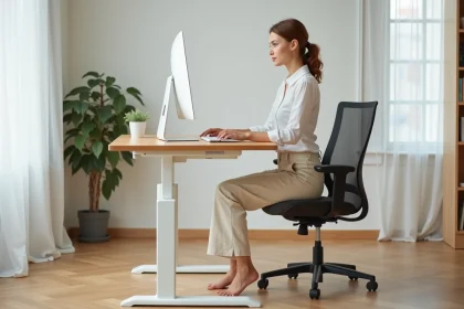 Femme assise à un bureau ergonomique réglé à la bonne hauteur par rapport au sol dans un bureau à domicile