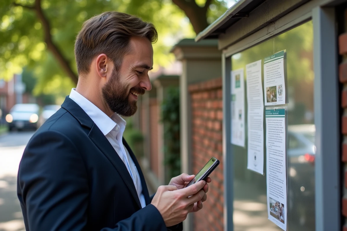 Homme prenant en photo une affiche sur un panneau communautaire