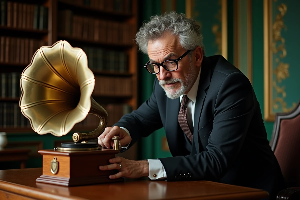 Homme d'âge moyen examinant un gramophone ancien dans une bibliothèque